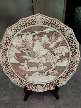 Decorative Mountain Landscape Carved Plate in Cream and Brown, Ivory Dynasty